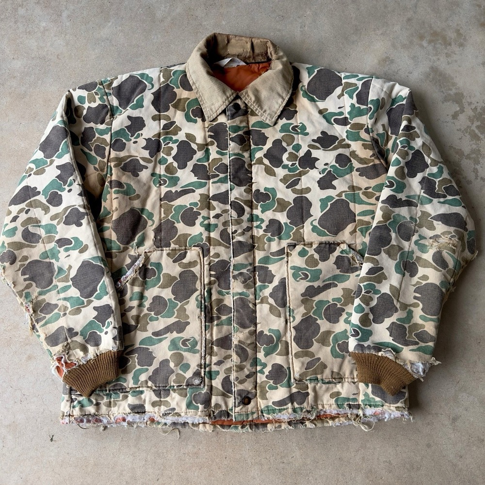 VTG Key Jacket Men's XL Brown Camo Hunting Quilted Bomber USA Distressed 80s